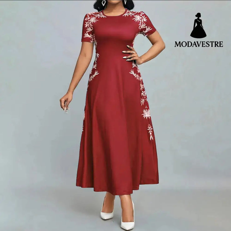 Women’s Elegant Short Sleeve Maxi Dresses Casual Empire Waist Long Dress Red / 2XL