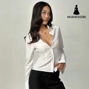 Women’s Fashion Simple Slim Fit Lapel Breasted Solid Color Shirt Shirt