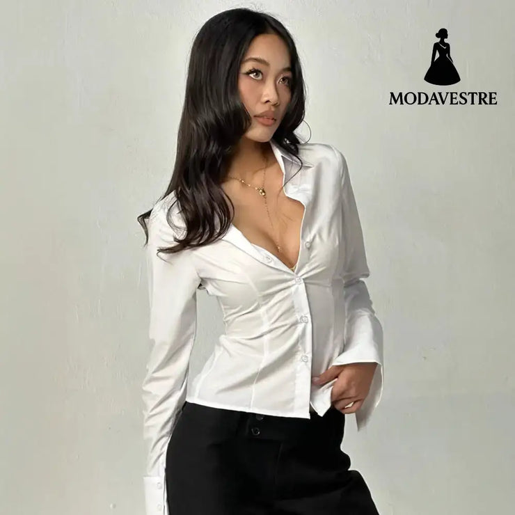Women’s Fashion Simple Slim Fit Lapel Breasted Solid Color Shirt Shirt