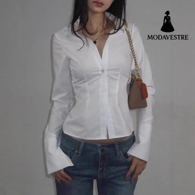 Women’s Fashion Simple Slim Fit Lapel Breasted Solid Color Shirt Shirt