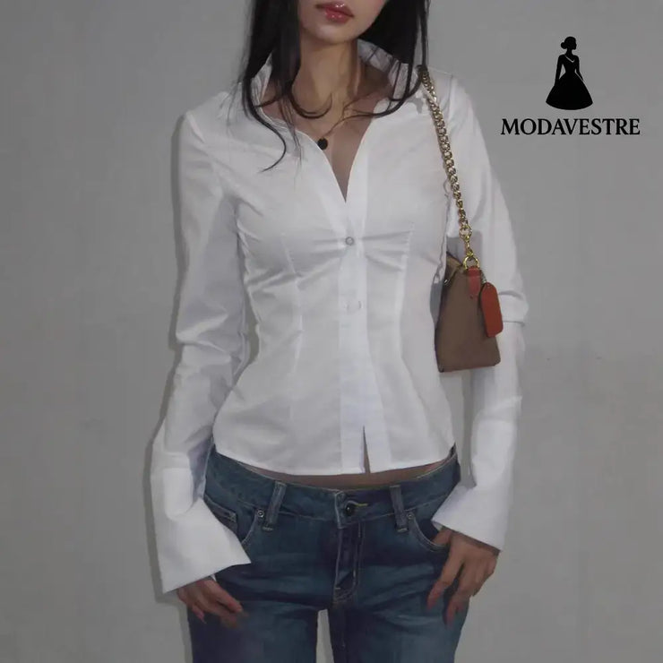 Women’s Fashion Simple Slim Fit Lapel Breasted Solid Color Shirt Shirt
