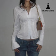 Women’s Fashion Simple Slim Fit Lapel Breasted Solid Color Shirt White / L Shirt