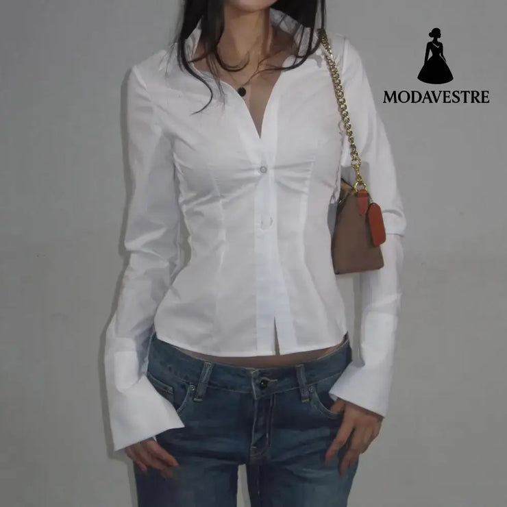 Women’s Fashion Simple Slim Fit Lapel Breasted Solid Color Shirt White / L Shirt