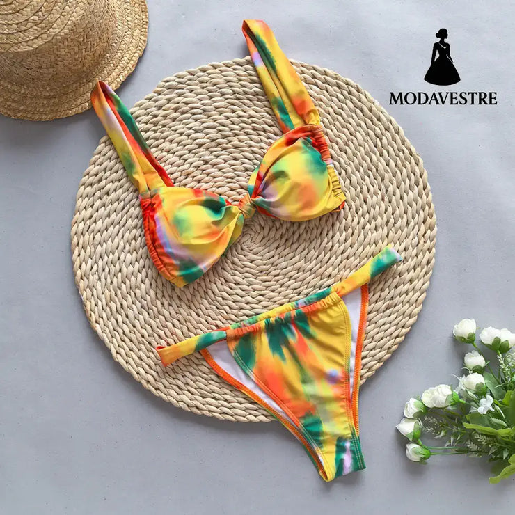 Women’s Gathered Two-Piece Bikini Set – Solid Color Swimsuit