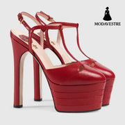 Women’s High Heels Nightclub Chunky Heels Pure red / 33