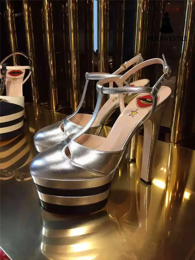 Women’s High Heels Nightclub Chunky Heels Silver / 33