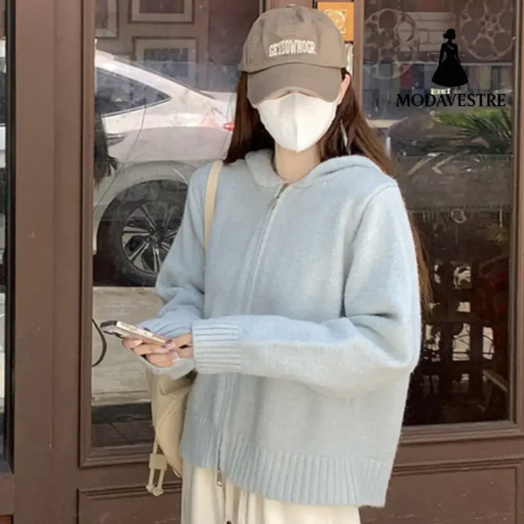 Women’s Korean-style Hooded Double Zipper Knitted Bottoming Shirt Light Blue / L Knitted Products