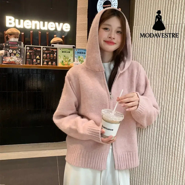 Women’s Korean-style Hooded Double Zipper Knitted Bottoming Shirt Knitted Products