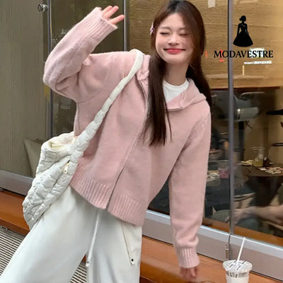 Women’s Korean-style Hooded Double Zipper Knitted Bottoming Shirt Knitted Products