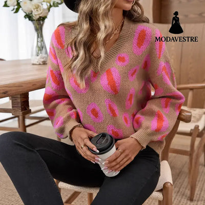 Women’s Leopard Pattern Jacquard Knitted Sweater Women’s Clothing