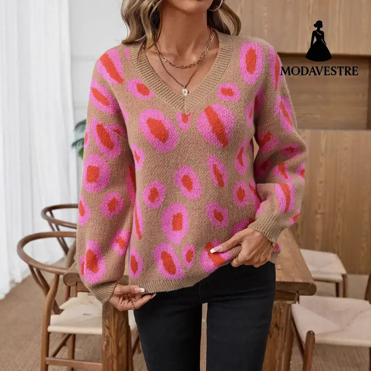 Women’s Leopard Pattern Jacquard Knitted Sweater Women’s Clothing