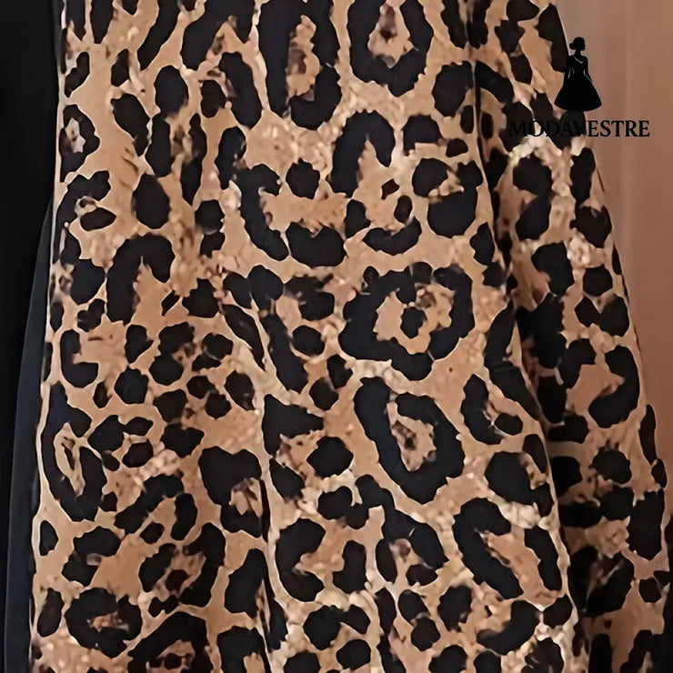 Womens Leopard Print Maxi Dresses Color Block Long Sleeve Dress Casual Summer Dresses