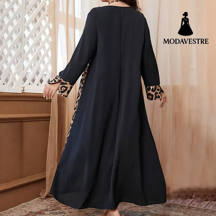 Womens Leopard Print Maxi Dresses Color Block Long Sleeve Dress Casual Summer Dresses