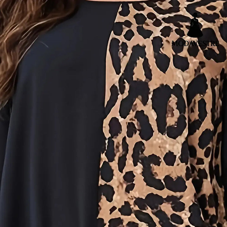 Womens Leopard Print Maxi Dresses Color Block Long Sleeve Dress Casual Summer Dresses