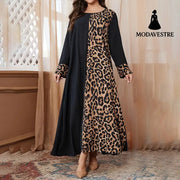 Womens Leopard Print Maxi Dresses Color Block Long Sleeve Dress Casual Summer Dresses Black / 0XL