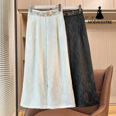 Women’s Loose All-match Retro Elastic Band High Waist Wide Leg Pants Skirt