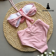 Women’s Pink Bikini Set – High Waist Swimsuit with Bandeau Top