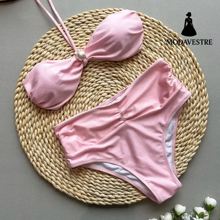 Women’s Pink Bikini Set – High Waist Swimsuit with Bandeau Top