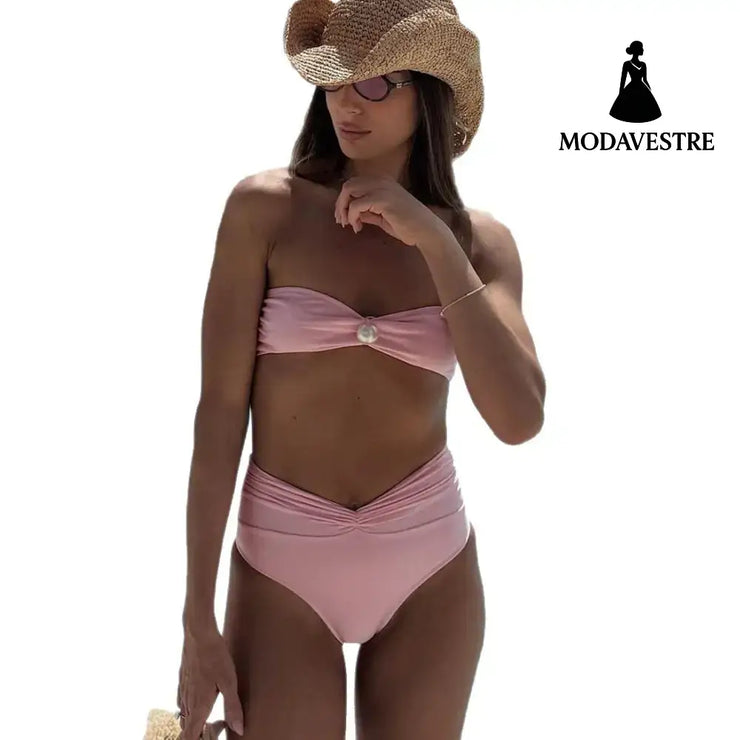 Women’s Pink Bikini Set – High Waist Swimsuit with Bandeau Top