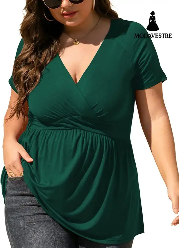 Women’s Plus Size T-shirt V-neck Top Dark Green / 4XL