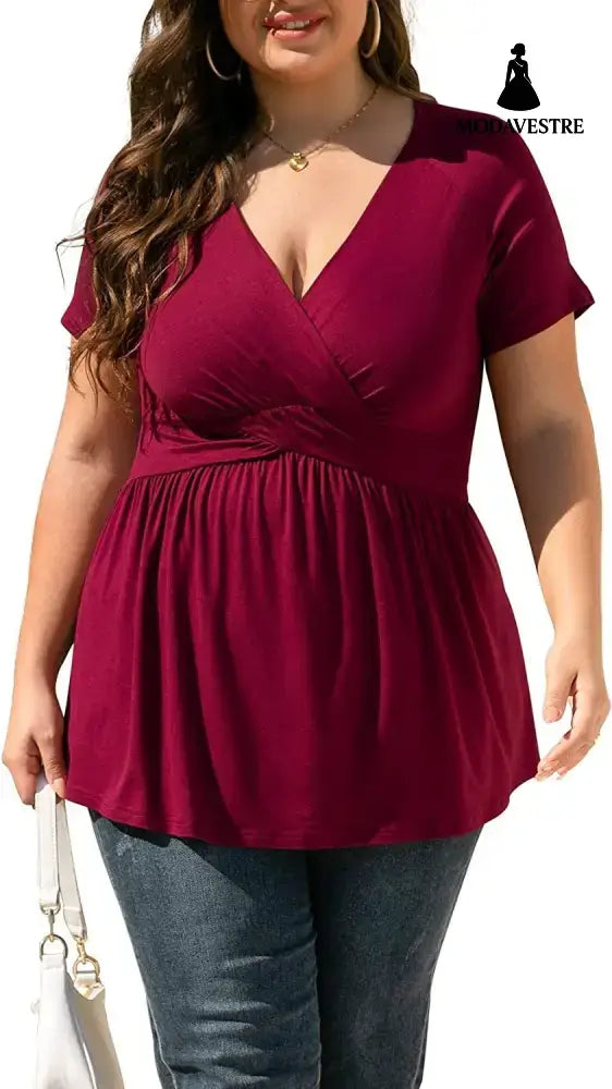 Women’s Plus Size T-shirt V-neck Top Wine Red / 4XL
