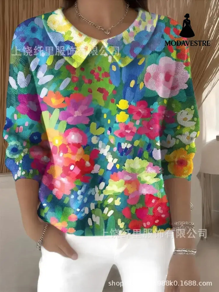 Women’s Polo Collar Solid Color V-neck Long Sleeve Women’s Clothing