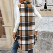 Women’s Retro British Style Commute Leisure Lapel Long Plaid Coat Coat