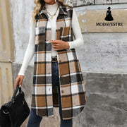 Women’s Retro British Style Commute Leisure Lapel Long Plaid Coat Coat