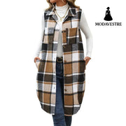 Women’s Retro British Style Commute Leisure Lapel Long Plaid Coat Coat