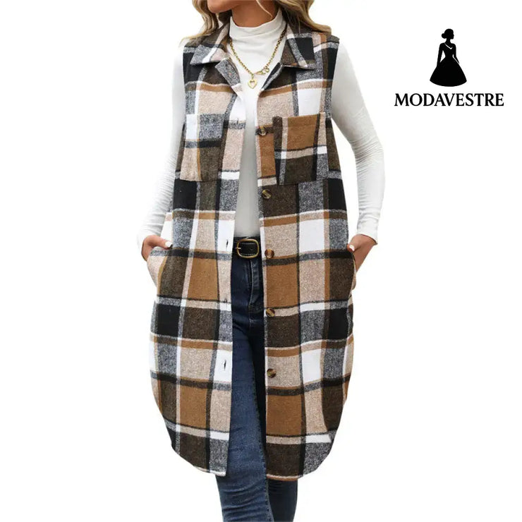 Women’s Retro British Style Commute Leisure Lapel Long Plaid Coat Coat