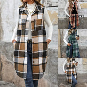 Women’s Retro British Style Commute Leisure Lapel Long Plaid Coat Coat
