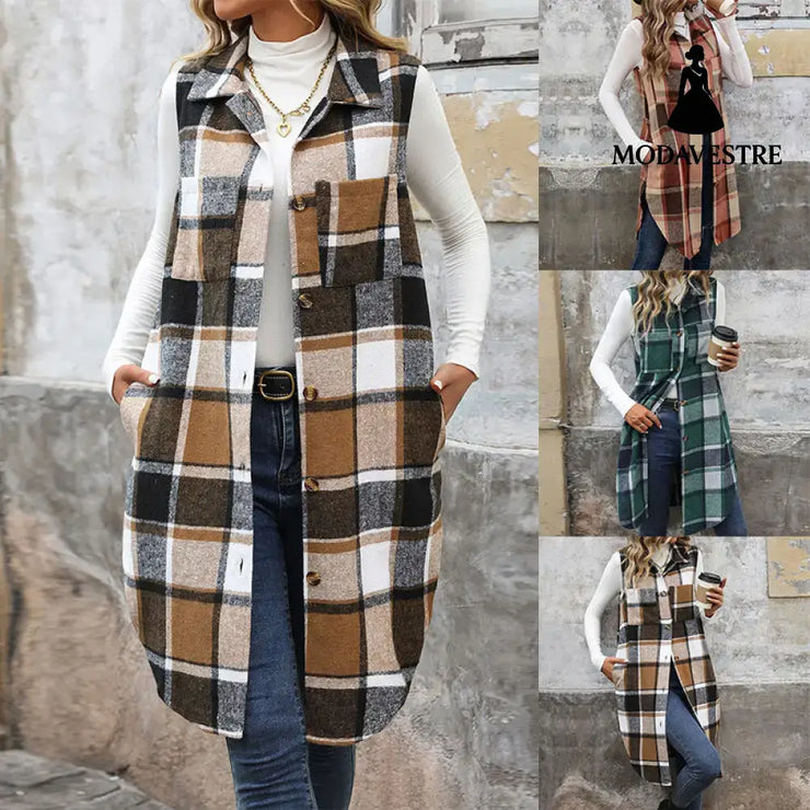 Women’s Retro British Style Commute Leisure Lapel Long Plaid Coat Coat