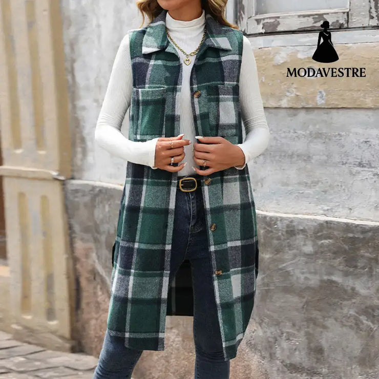 Women’s Retro British Style Commute Leisure Lapel Long Plaid Coat Green / L Coat