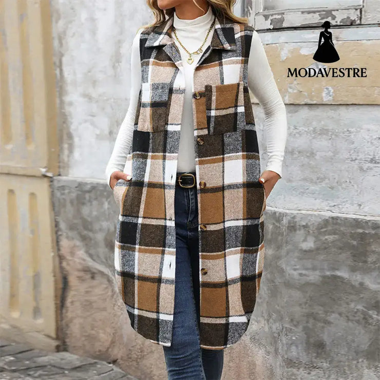 Women’s Retro British Style Commute Leisure Lapel Long Plaid Coat Khaki / L Coat
