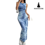 Women’s Sexy Sleeveless Printed Mid-length Slim Dress Women’s Clothing