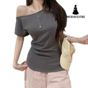 Women’s Short-sleeved T-shirt Off-the-shoulder Fitted Waist Top