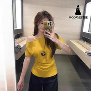Women’s Short-sleeved T-shirt Off-the-shoulder Fitted Waist Top