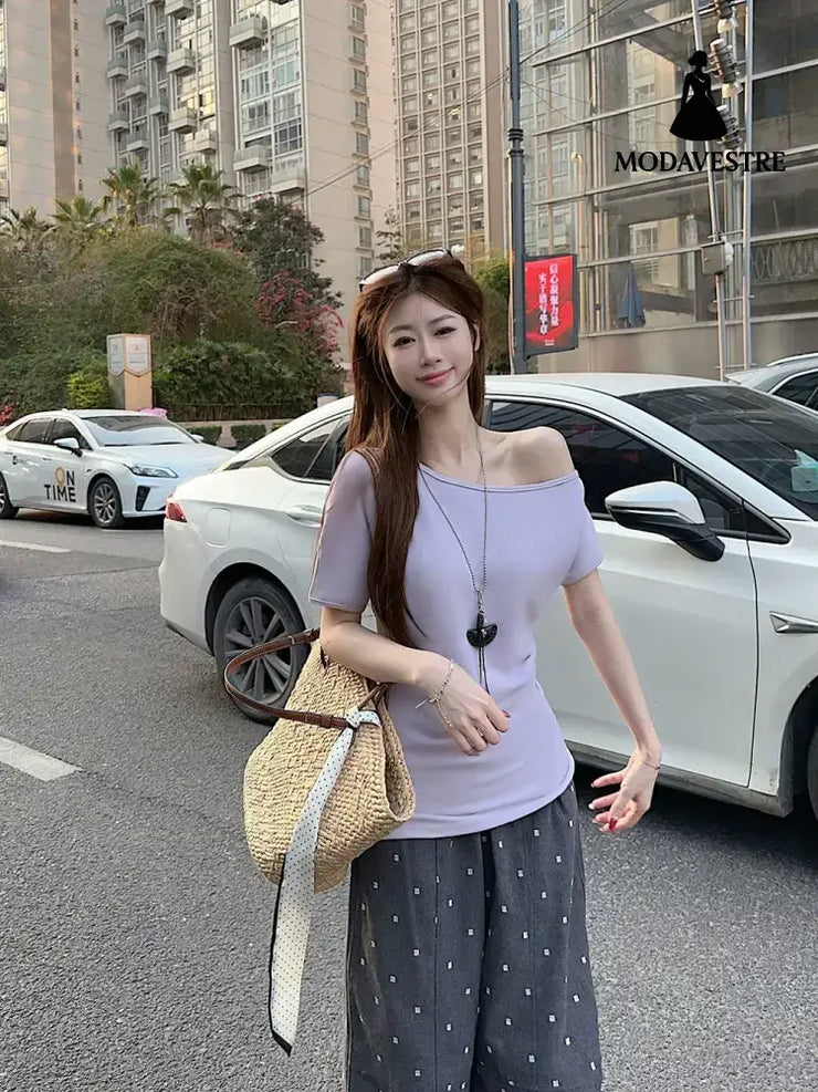 Women’s Short-sleeved T-shirt Off-the-shoulder Fitted Waist Top Purple / L