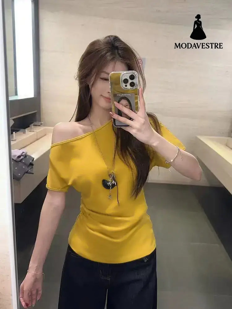 Women’s Short-sleeved T-shirt Off-the-shoulder Fitted Waist Top Yellow / L