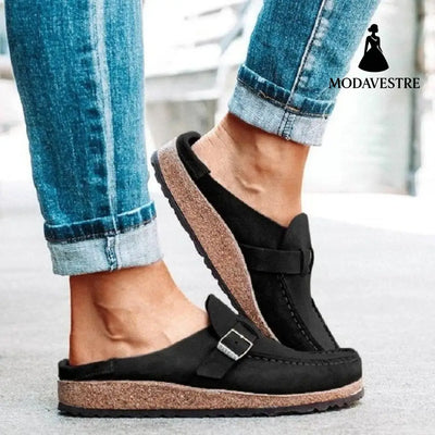 Women's Slippers with Round Toe, Low Heel, Casual Half-Heeled Slip-On, Solid Color, Size 43, Large Size - MODAVESTRE