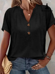 Women’s Solid Color Button Short Sleeved Shirt Black / 2XL