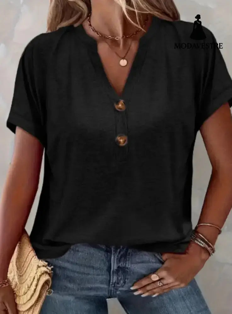 Women’s Solid Color Button Short Sleeved Shirt Black / 2XL