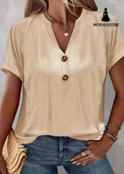 Women’s Solid Color Button Short Sleeved Shirt Khaki / 2XL