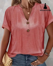 Women’s Solid Color Button Short Sleeved Shirt Pink / 2XL