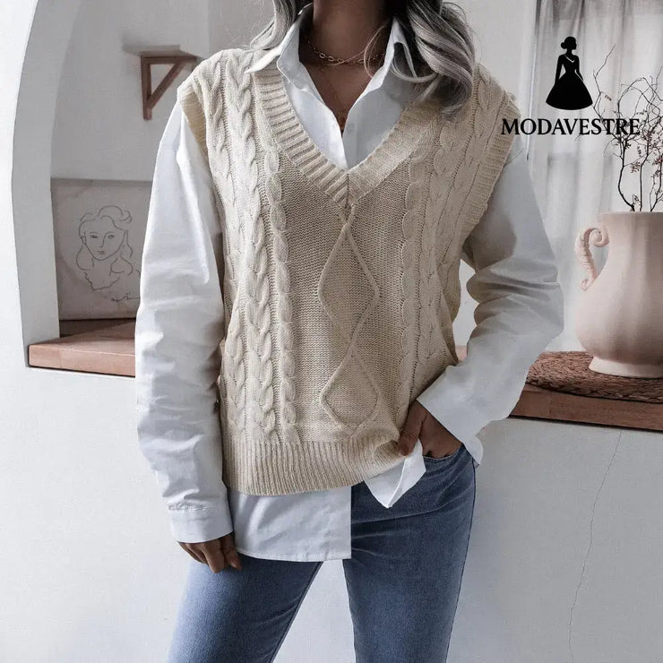 Women’s V-neck Fried Dough Twist Casual Loose Knit Sweater Vest Apricot / L Women’s Clothing