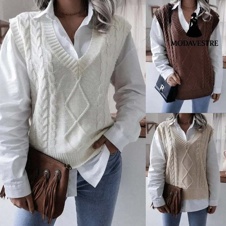 Women’s V-neck Fried Dough Twist Casual Loose Knit Sweater Vest Women’s Clothing