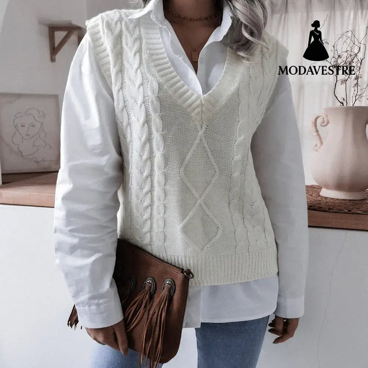 Women’s V-neck Fried Dough Twist Casual Loose Knit Sweater Vest Women’s Clothing