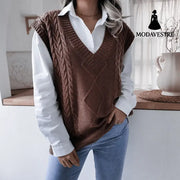 Women’s V-neck Fried Dough Twist Casual Loose Knit Sweater Vest Coffee / L Women’s Clothing