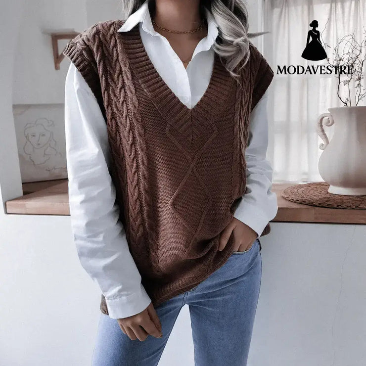 Women’s V-neck Fried Dough Twist Casual Loose Knit Sweater Vest Coffee / L Women’s Clothing