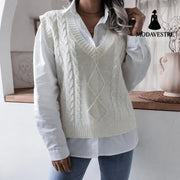 Women’s V-neck Fried Dough Twist Casual Loose Knit Sweater Vest White / L Women’s Clothing